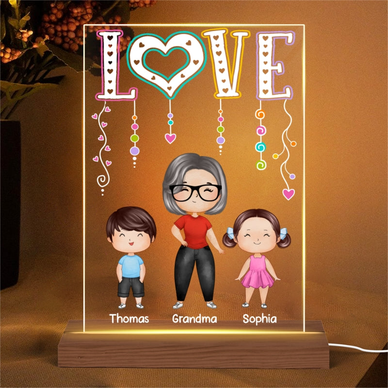 LOVE Doll Grandma Mom With Kids Standing Watercolor Style Personalized Rectangle Acrylic Plaque LED Night Light