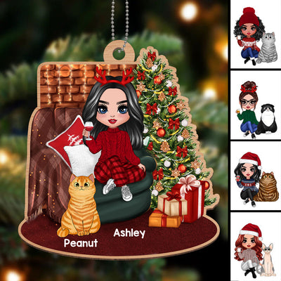 Girl And Cats Sitting On Sofa Beside Christmas Tree Personalized Wooden Ornament