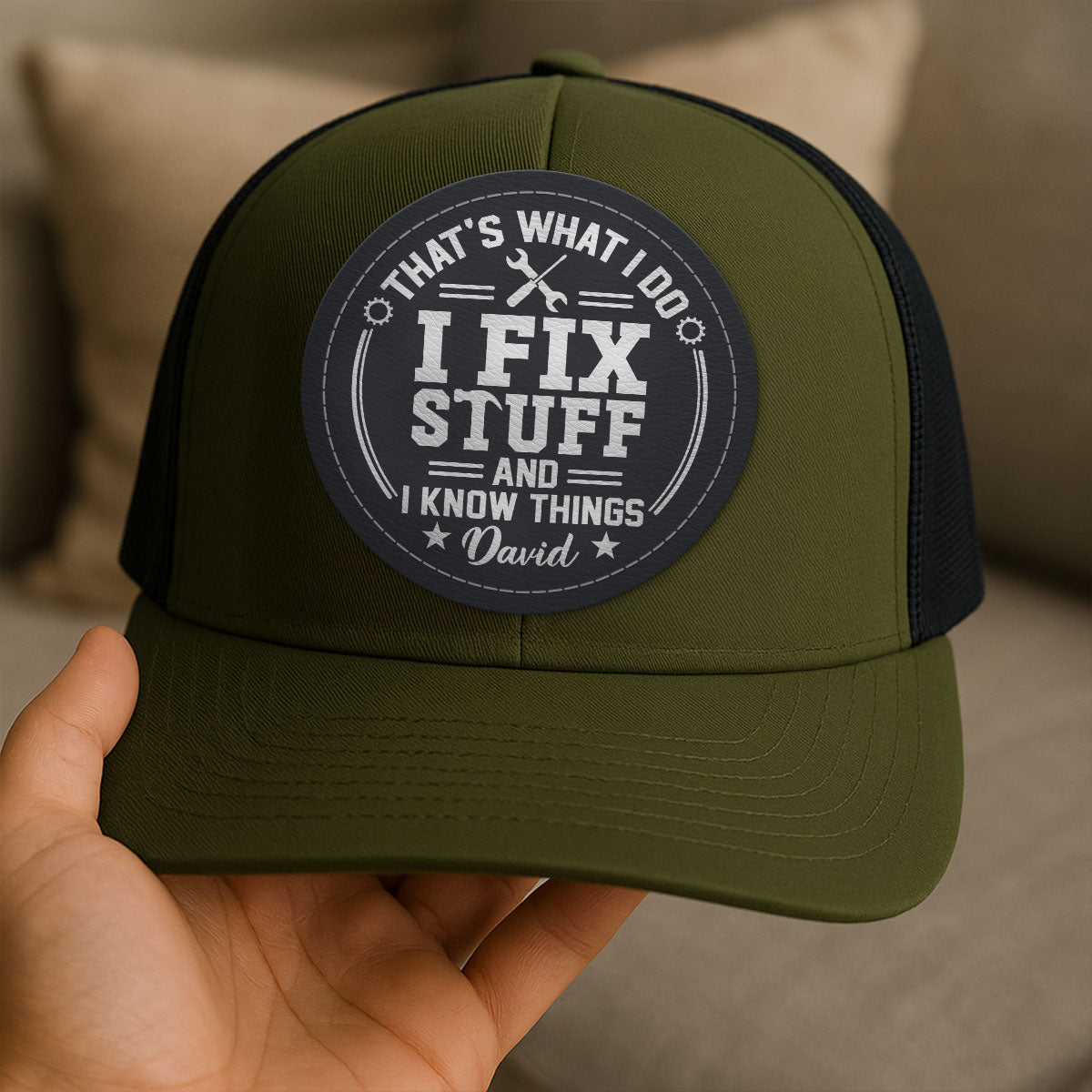 I Fix Stuff And Know Things Gift For Men Personalized Leather Patch Hat