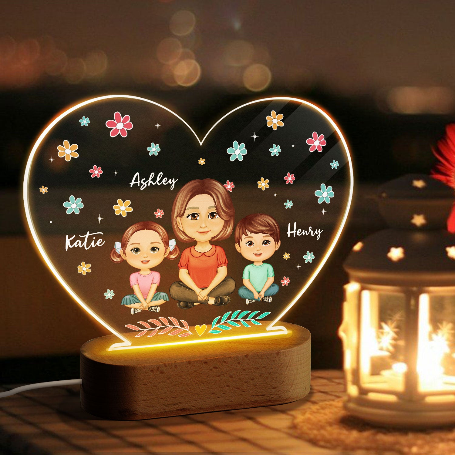 Pretty Doll Mom Grandma And Kids Flowers Personalized Heart Acrylic LED Night Light