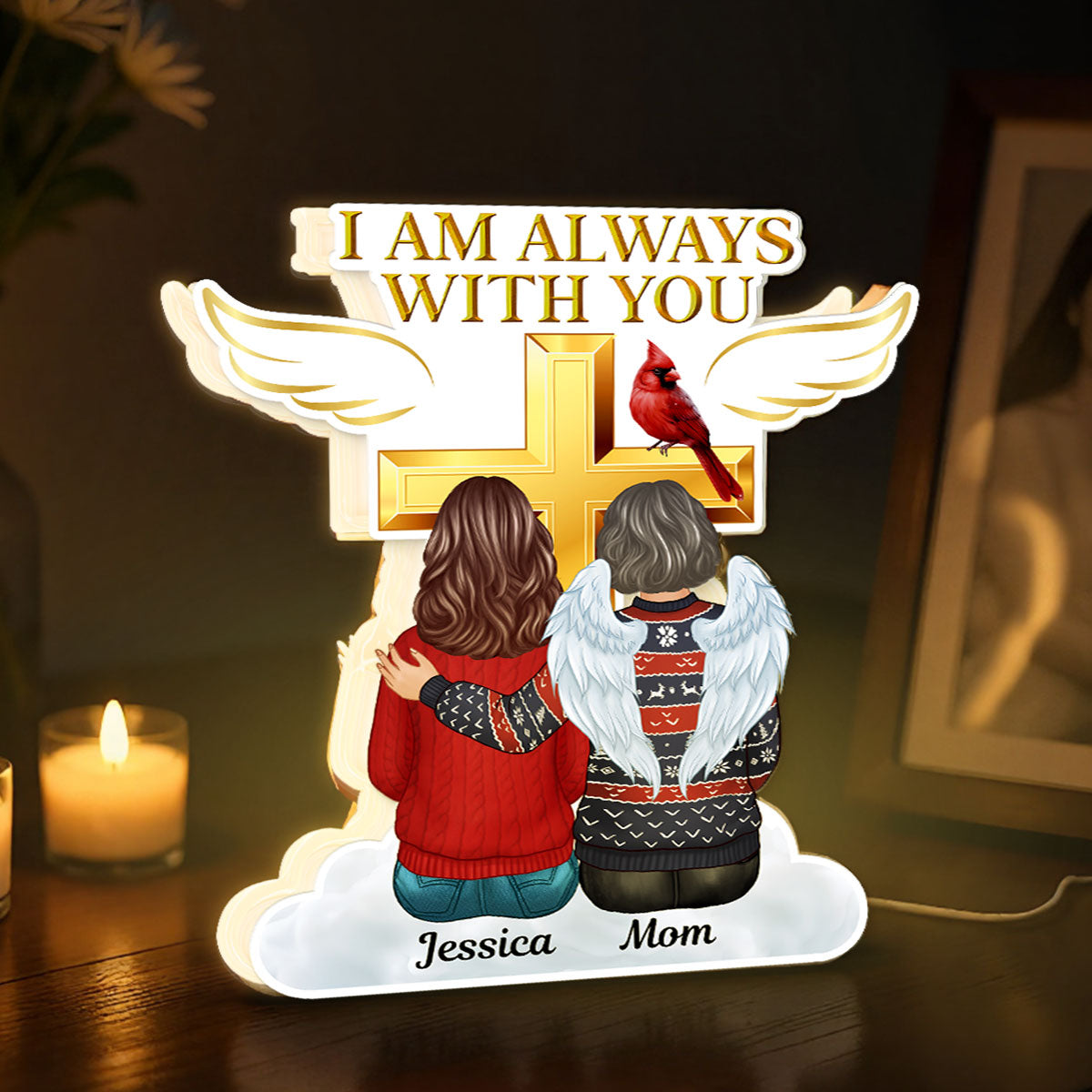 Always With You Family Cross Memorial Remembrance Keepsake Personalized Light Box, Christmas Decor Gift