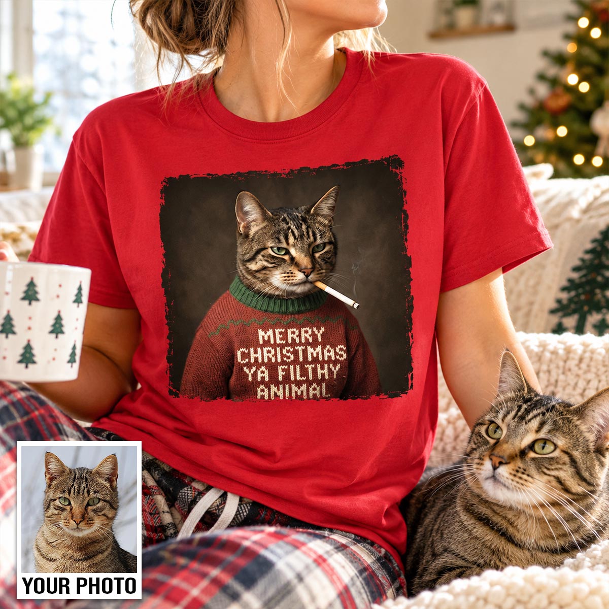 Funny Christmas Smoking Cat Upload Pet Photo - Personalized Shirt - Sarcastic Holiday Meme Tee, Cool Cat Lover Gift, Vintage Grunge Xmas Cat Gift, Ironic Pet Shirt
