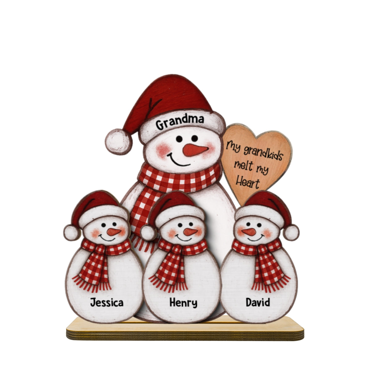 Folk Art Cute Snowman Grandma & Grandkid - Personalized 2-Layer Wooden Plaque - Christmas Decor
