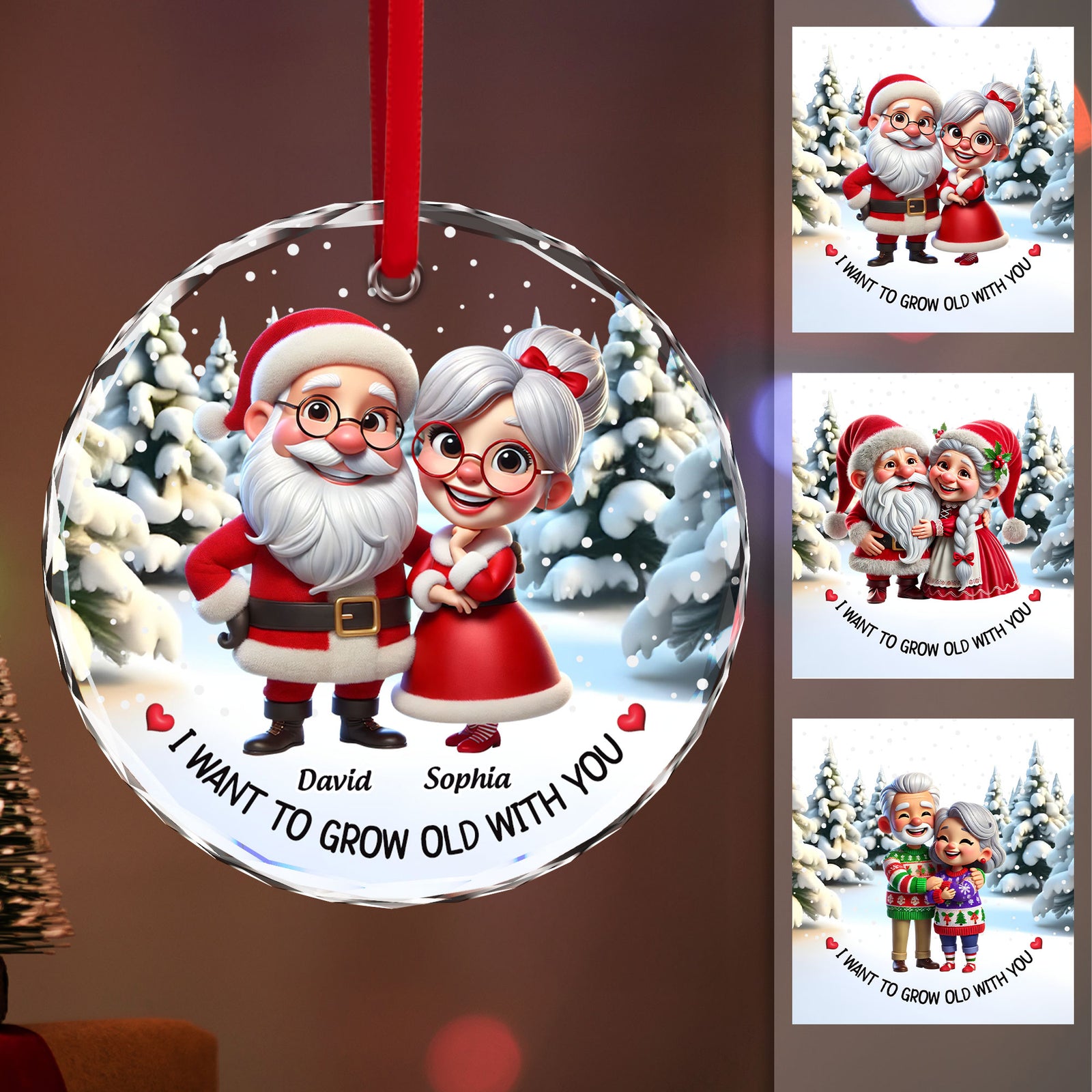 I Want To Grow Old With You Funny Cartoon Couple Christmas Personalized Glass Ornament