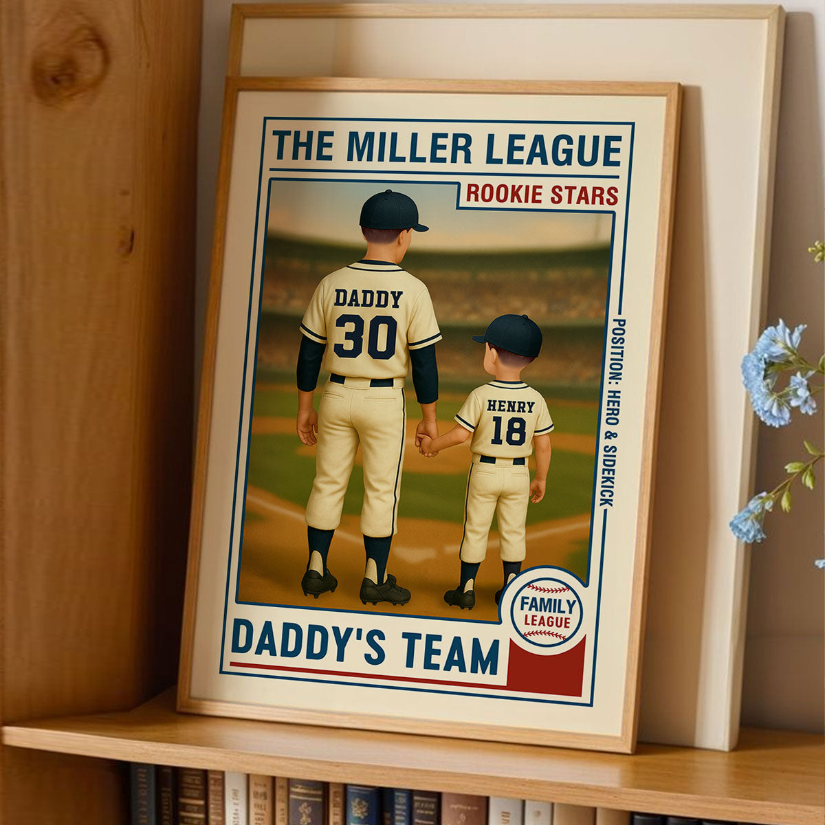 Family League Daddy's Team No. 1 Dad Man & Kids Baseball Retro Personalized Poster, Father's Day Gift for Dad, Gift for Husband