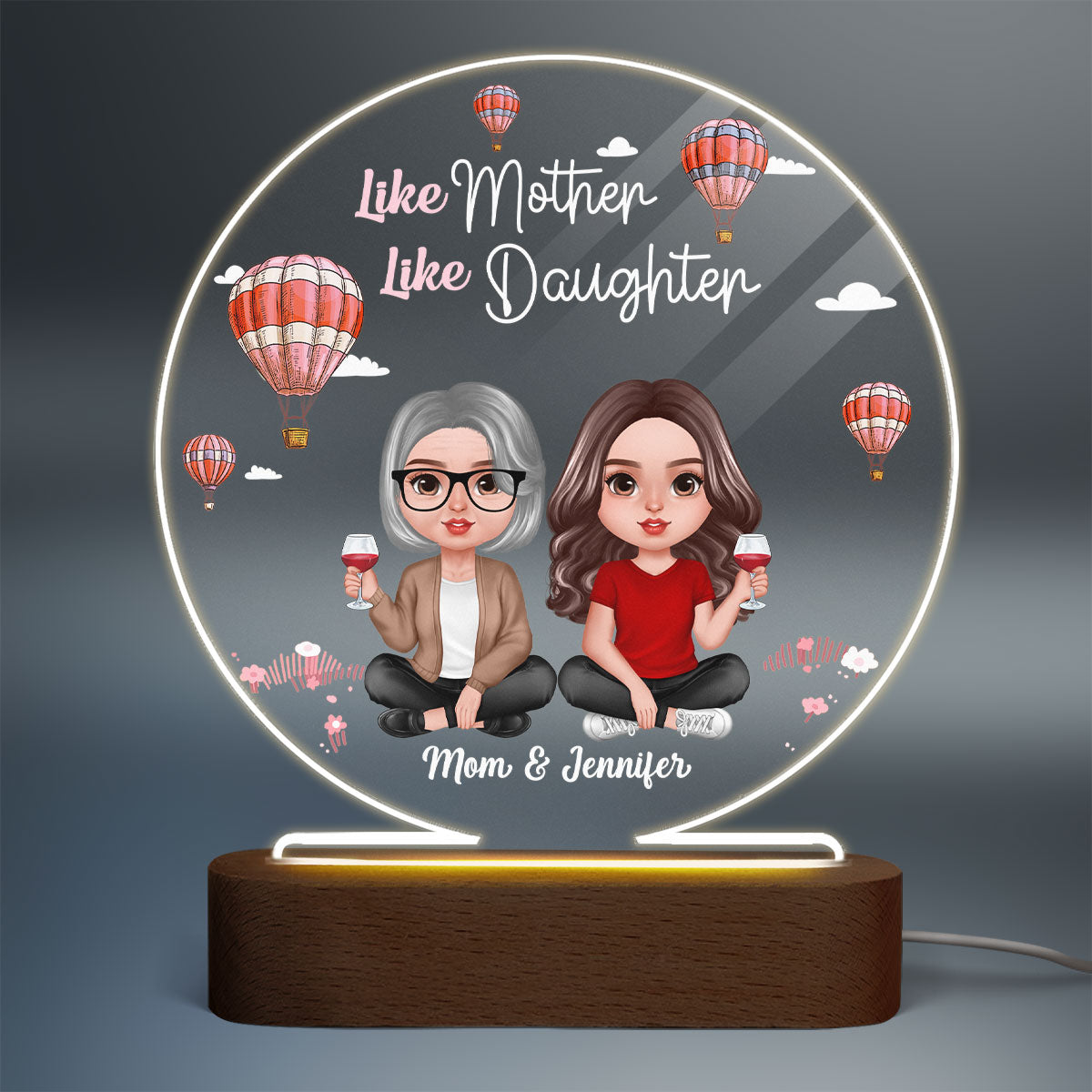 Doll Mother Daughter Air Balloon Personalized Acrylic Circle LED Night Light