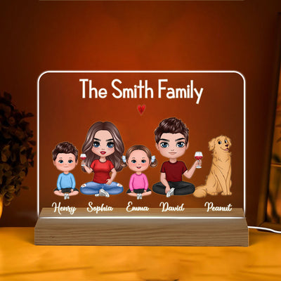 Whole Family Doll Couple Dad Mom Kids Dogs Cats Sitting Personalized Warm Custom Shape Acrylic Plaque LED Night Light