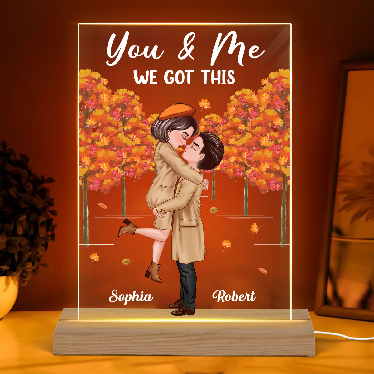 Doll Couple Hugging Kissing In Fall Anniversary Gift Personalized Acrylic Plaque With LED Night Light