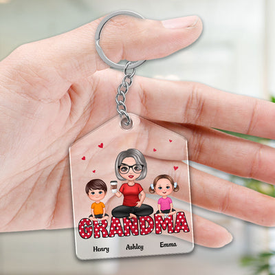 Grandma Polka Dot Pattern Doll Woman & Kids Sitting On Word Personalized Acrylic Keychain