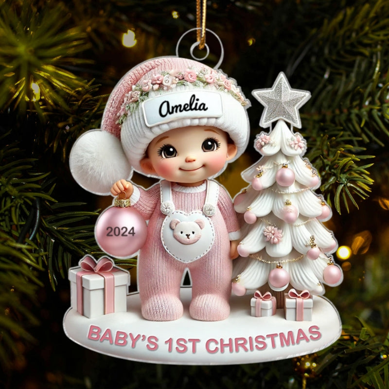 Cute Baby Standing Beside Christmas Tree 3D Effect Baby's First Christmas Personalized Acrylic Flat Ornament