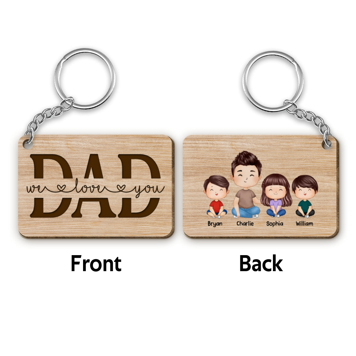 Best Dad Ever Doll Man & Kids Dogs Cats Watercolor Style Father‘s Day Gift Personalized Wooden Keychain