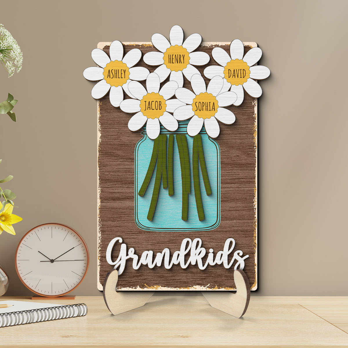 Grandkids Daisy Flowers Names Personalized 2-layer Wooden Plaque