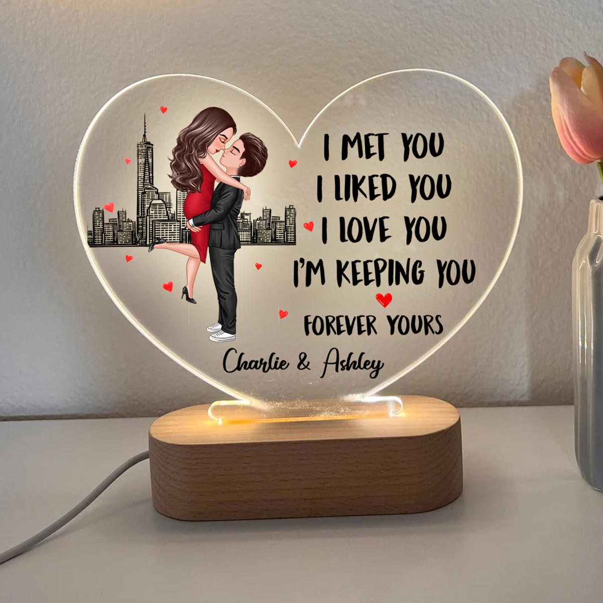Doll Couple Hugging Kissing Found My Missing Piece Gift For Him For Her Personalized Acrylic Heart Plaque LED Lamp Night Light