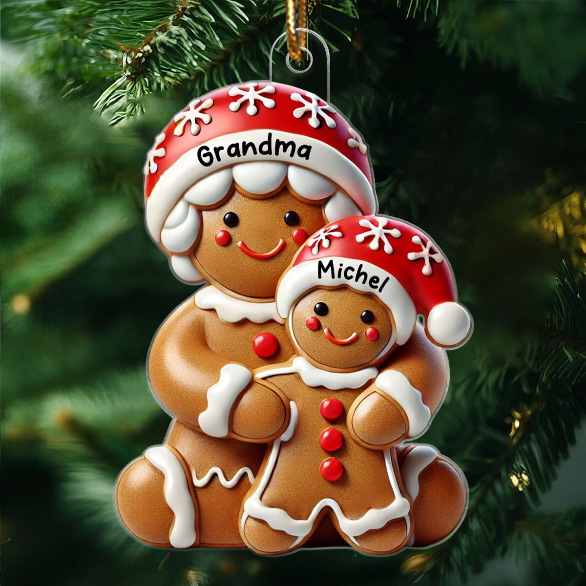 3D Effect Gingerbread Grandma Hugging Grandkid Christmas Personalized Acrylic Ornament, Gift For Granddaughter, Grandson