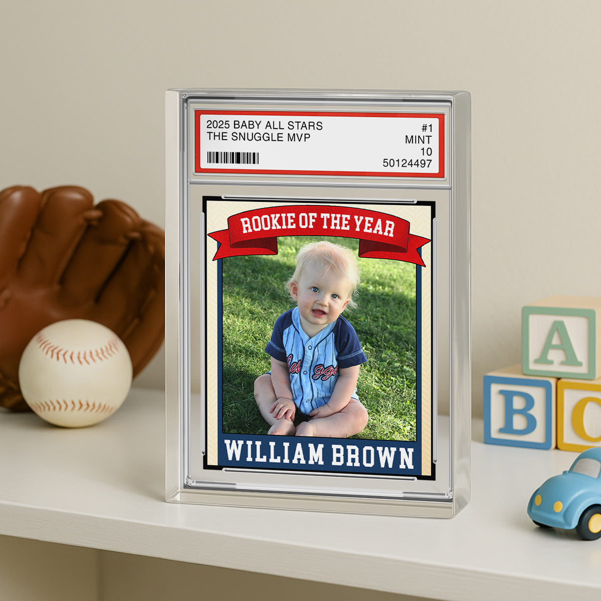 Rookie Baseball Kid All Star, Little Slugger, 1st Birthday Trading Card Style Personalized Acrylic Block Plaque