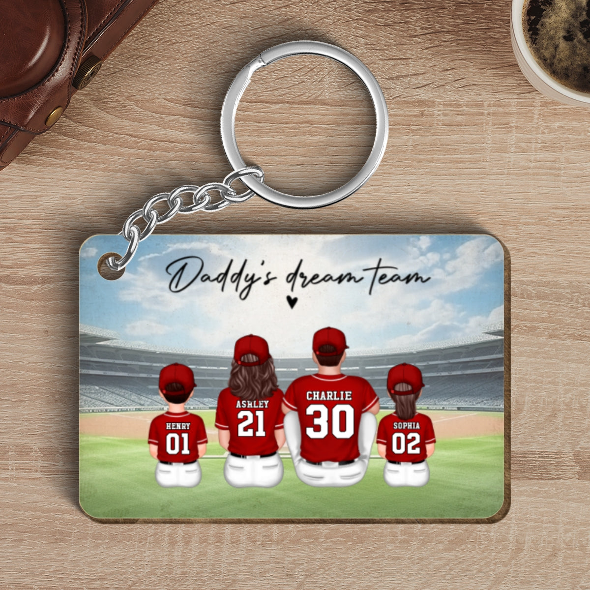 Daddy's Team Baseball Family Sitting Personalized Wooden Keychain, Father's Day Gift For Dad, Grandpa, Husband