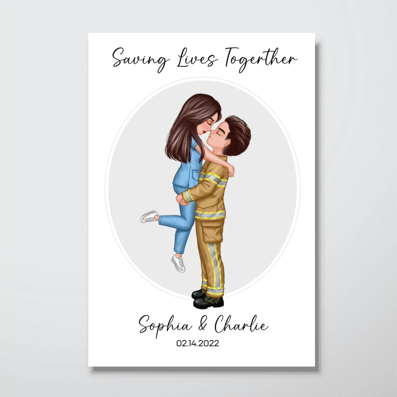 Couple Portrait Valentine‘s Day Gifts by Occupation Gift For Her Gift For Him Firefighter, Nurse, Police Officer Personalized Poster