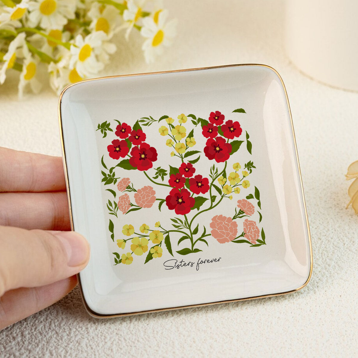 Custom Sisters Besties Birth Flower Bouquet Artwork Minimalist Personalized Jewelry Dish