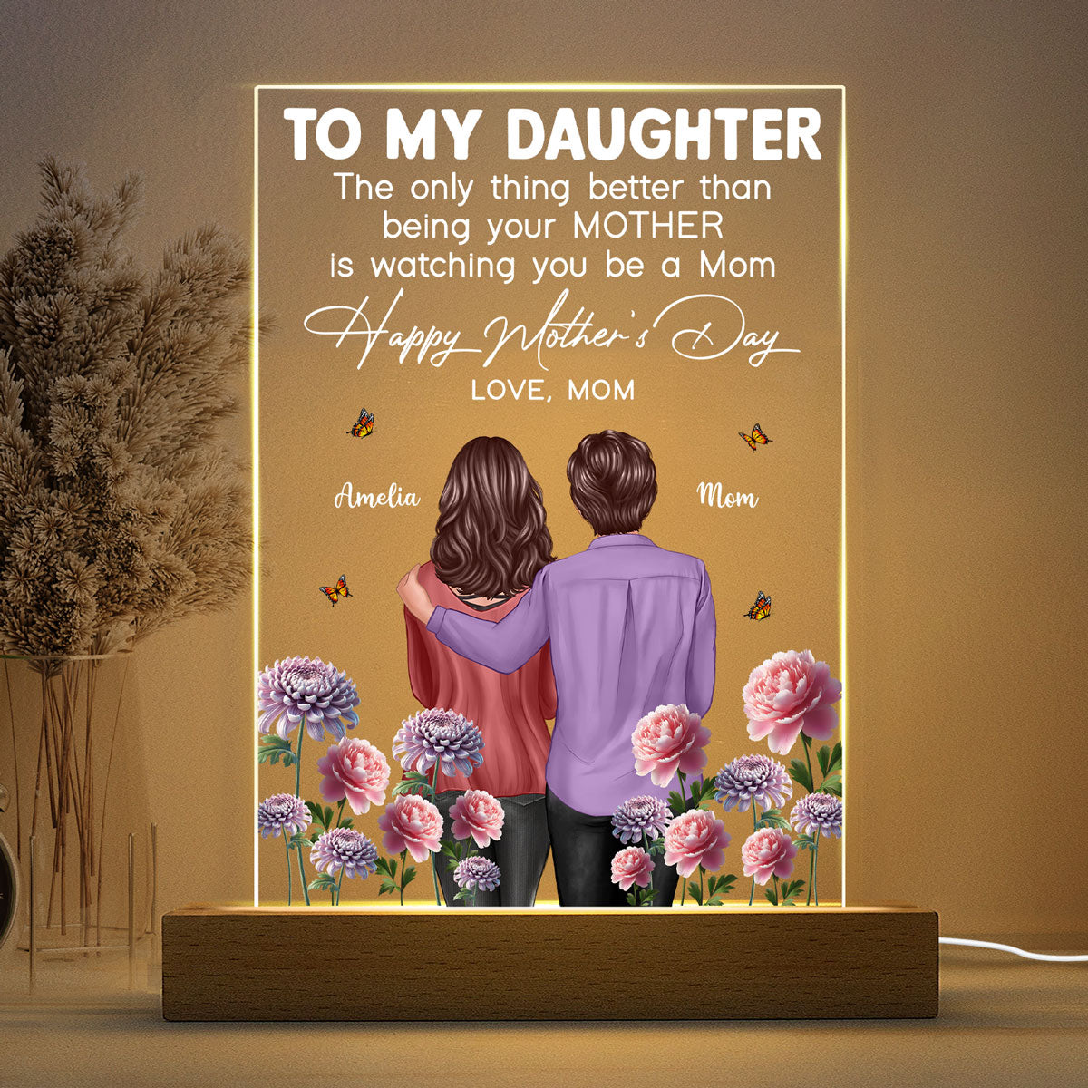 To My Daughter From Mom Happy Mother's Day Birth Flower Personalized Acrylic Plaque With LED Night Light, Gift For Daughter