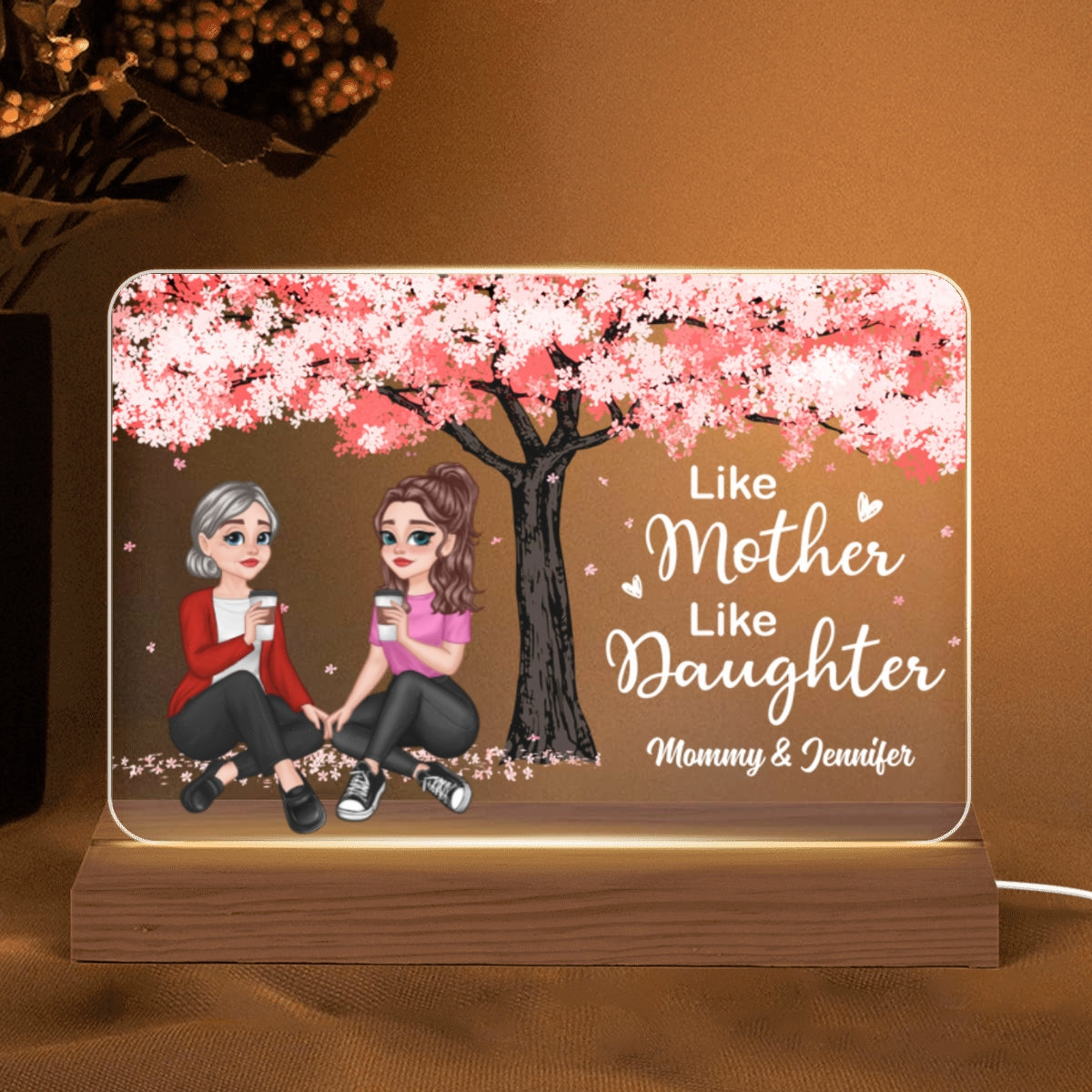 Pretty Cartoon Mother Daughter Sitting Under Blossom Tree Like Mother Like Daughter Personalized Horizontal Rectangle Acrylic Plaque With LED Night Light