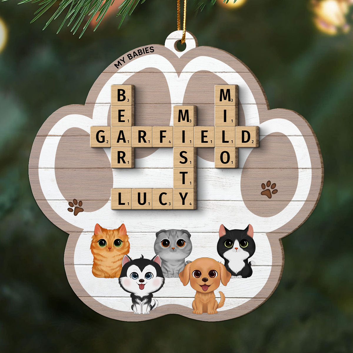My Babies Dog Cat Crossword Puzzle Art Personalized Paw Shaped 2-Layer Wooden Ornament
