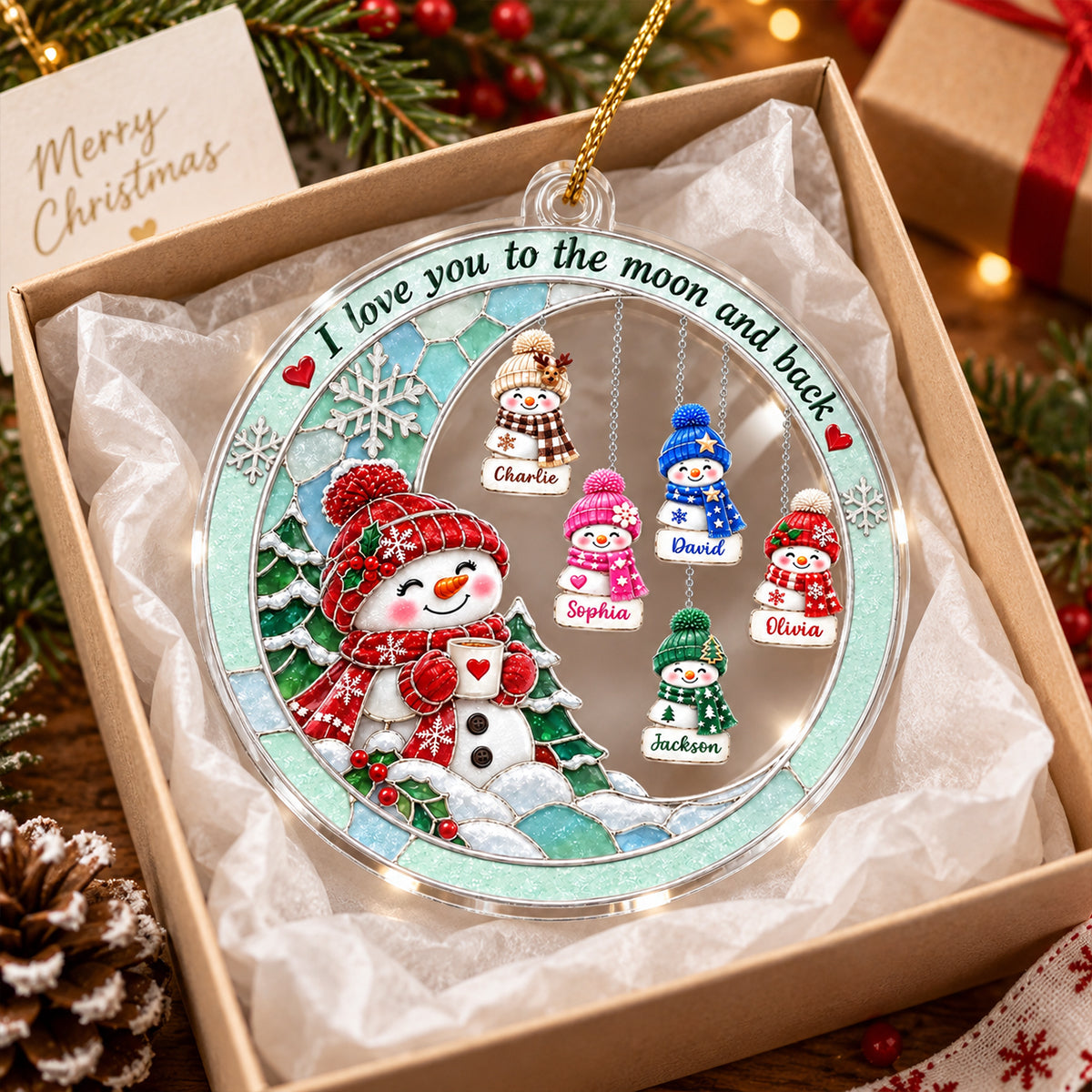 Snowman Grandma Grandkids Love to the Moon and Back - Personalized Acrylic Ornament - Christmas Gift for Grandma, Grandkids