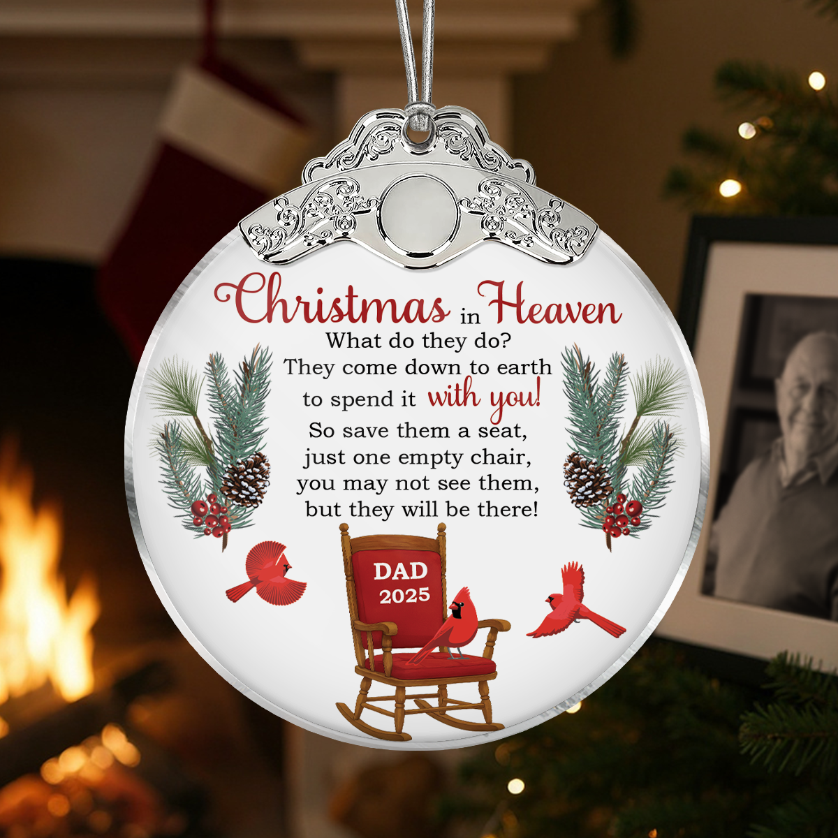 Christmas In Heaven Save A Seat - Personalized Glass Ornament With Silver Cap - Christmas Memorial Keepsake For Family