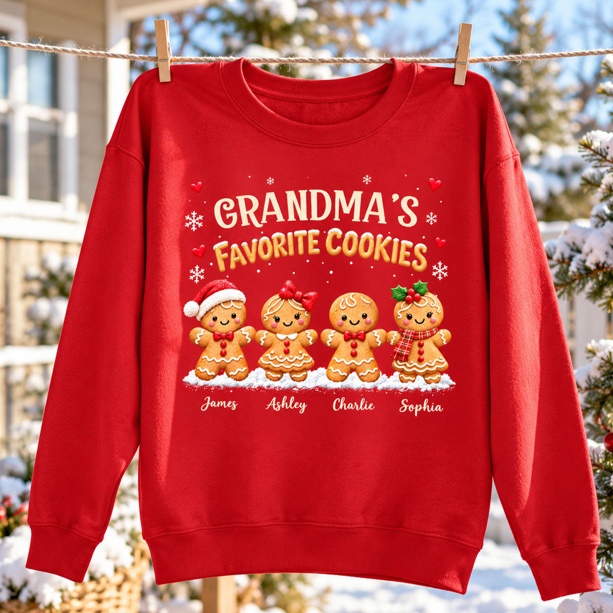 Grandma's Favorite Cookies - Personalized Shirt - Custom Grandkids Names Gingerbread, Cute Christmas Gift for Grandma, Nana, Mimi, Grammy & Gigi.