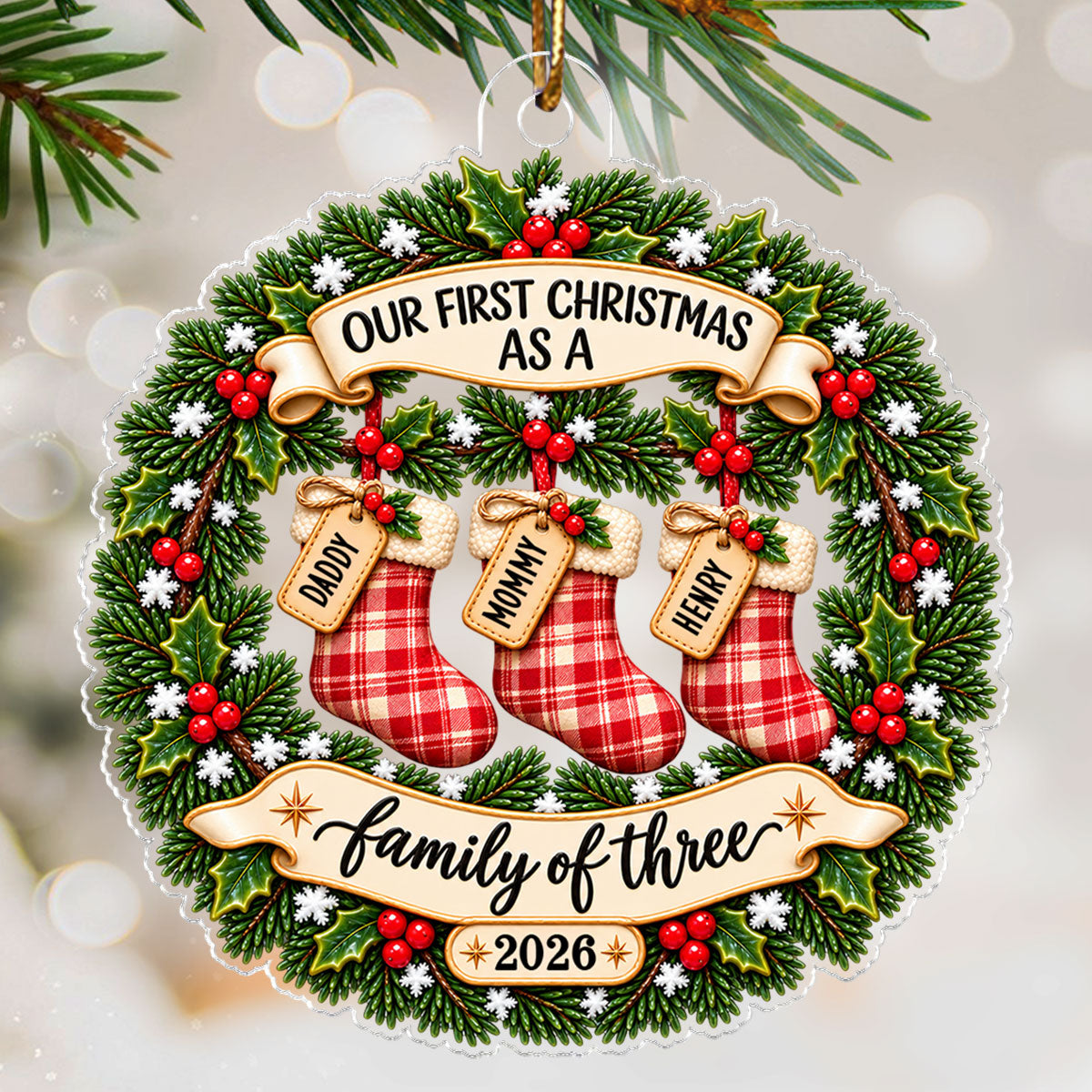 Heartwarming Christmas Wreath Stockings Our First Christmas As Family Of Three - Personalized Acrylic Ornament - Christmas Keepsake, Gift For New Mom, New Dad, New Parents