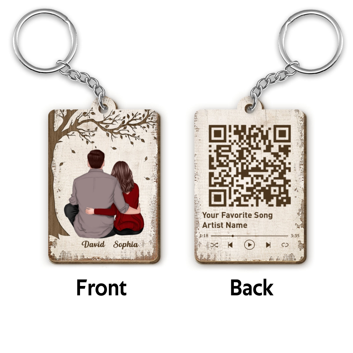 Couple Back View Sitting Favorite Song QR Code Personalized Wooden Keychain