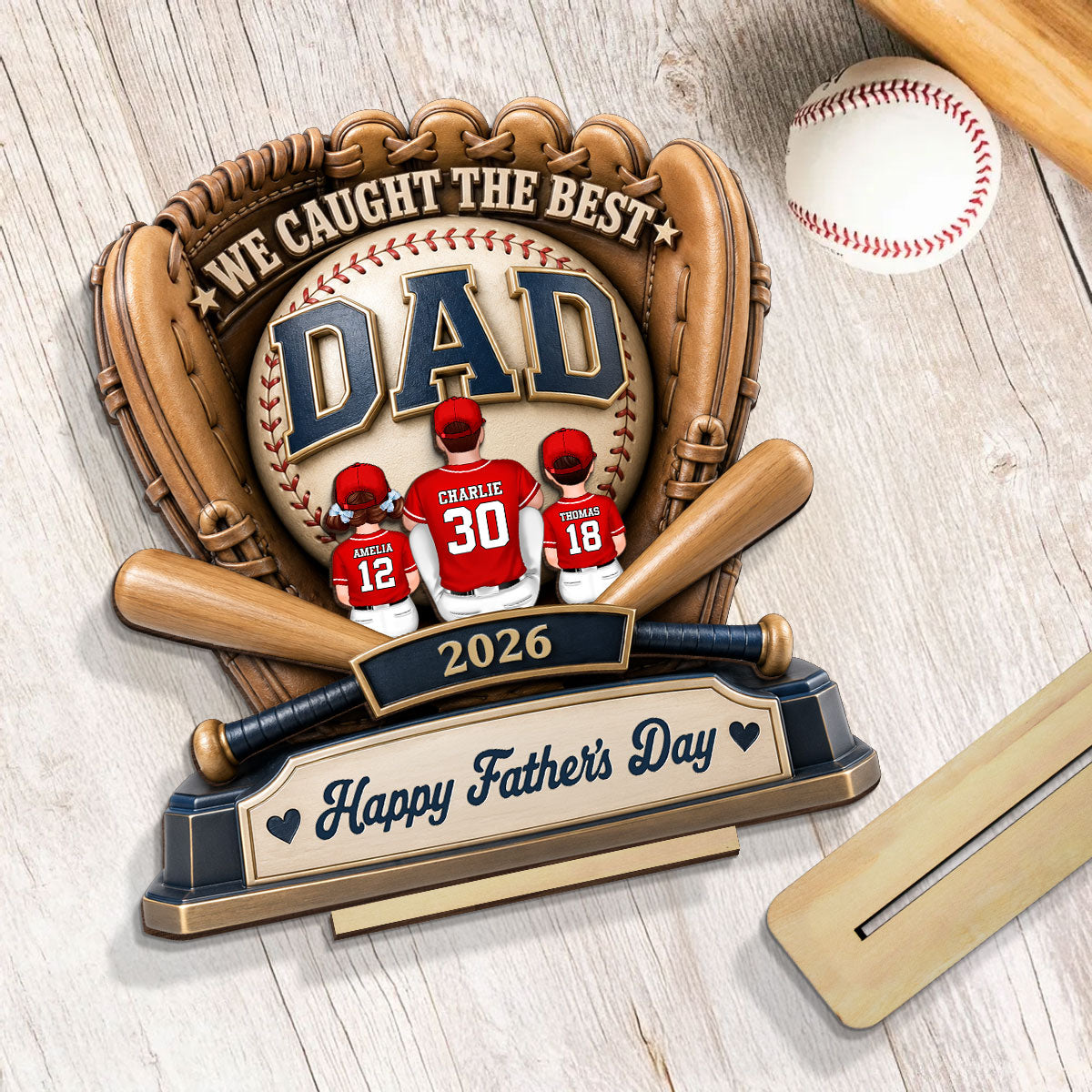 Dad's Greatest Catch Baseball - Personalized 2-Layered Wooden Plaque - Father's Day Gift For Dad, Husband