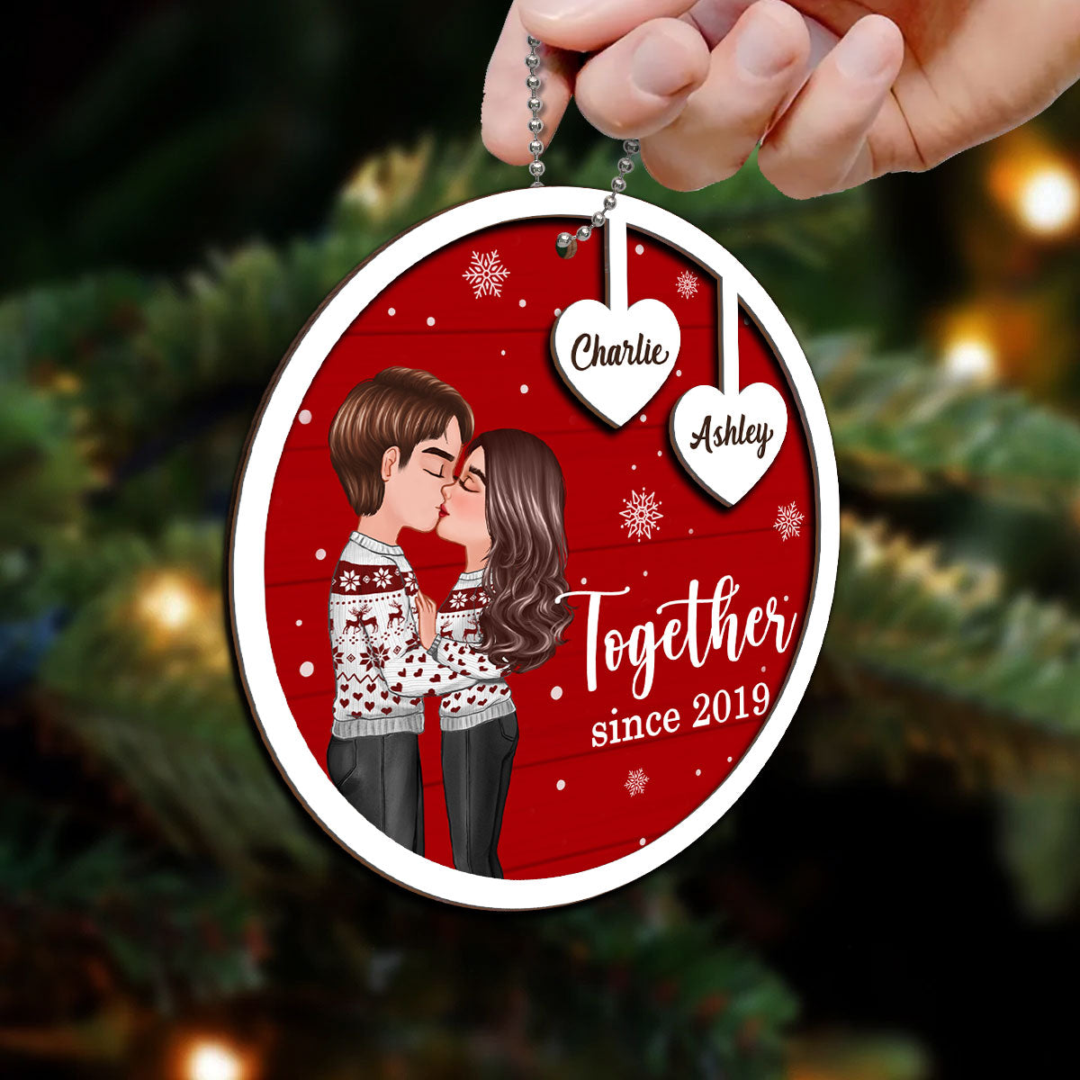 Coupe Kissing Heart Strings Christmas Personalized 2-Layer Wooden Ornament