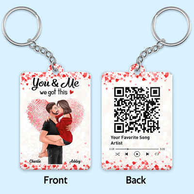 Fingerprint Heart Man Holding Woman Kissing Favorite Song Scannable QR Code Personalized Acrylic Keychain