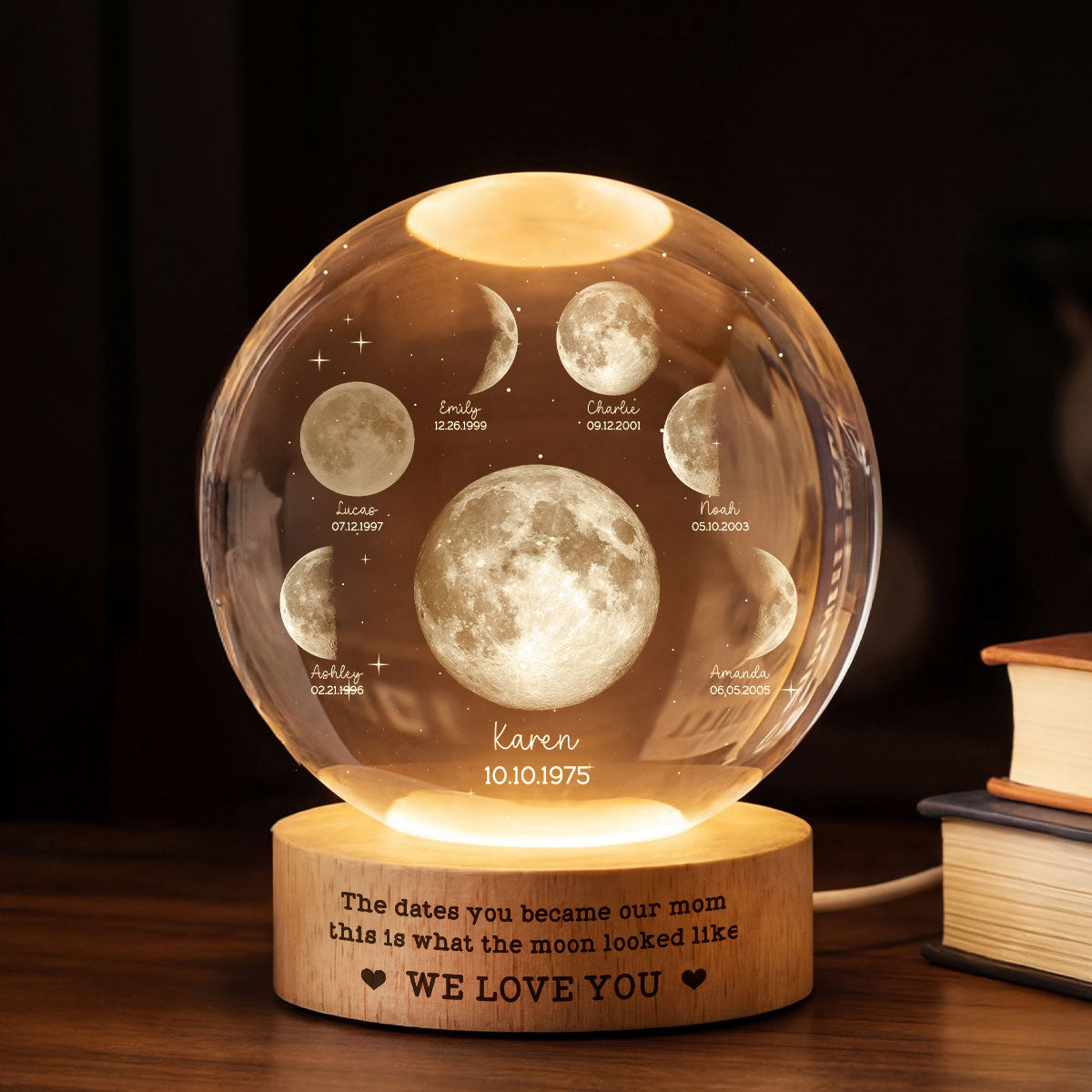 The Date You Became Our Mom - Personalized Crystal Ball LED Night Light - Custom Moon Phase by Date, Mother's Day Gift for Mom, Wife