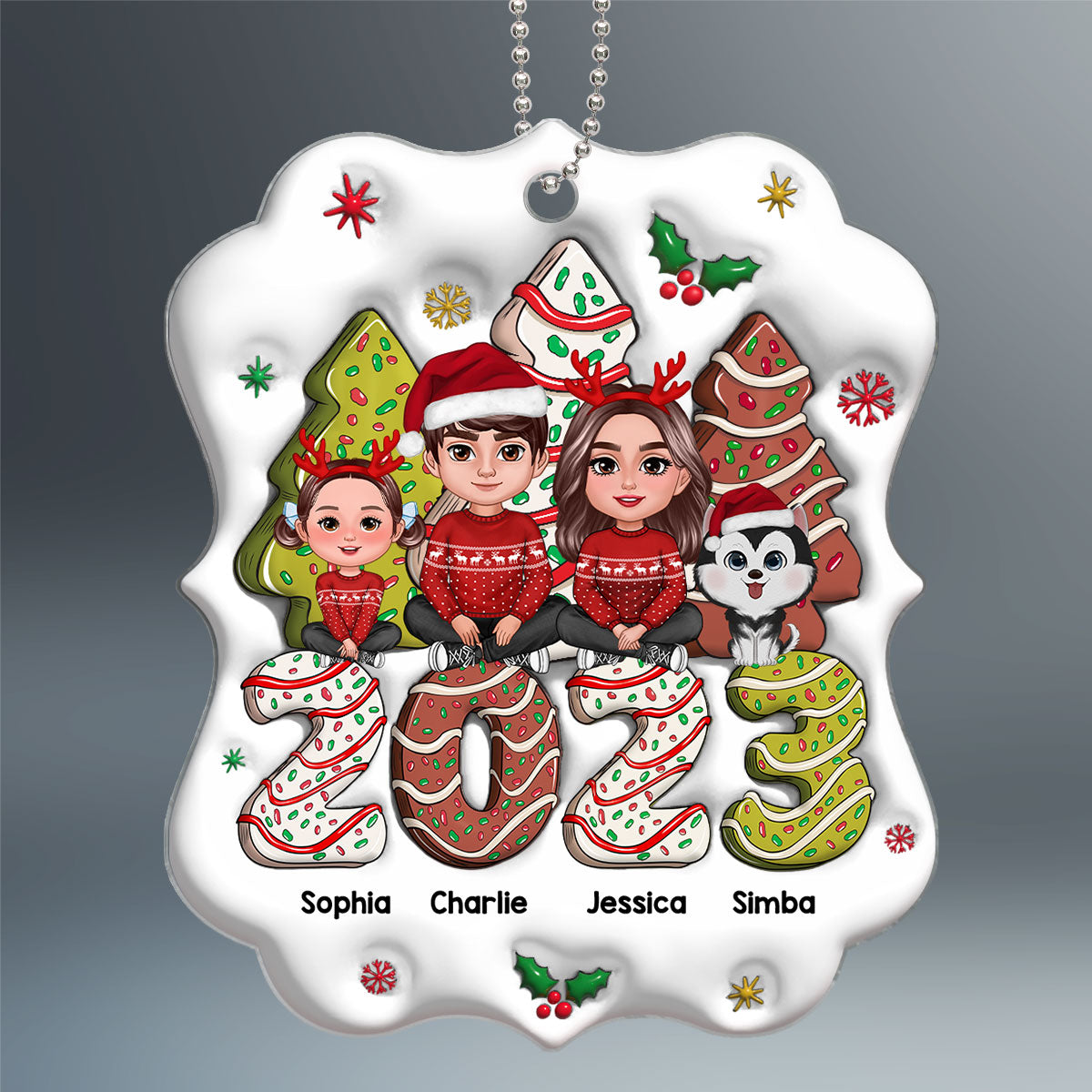3D Family Crossed Legs Sitting Christmas Tree Cake Patterned Personalized Acrylic Ornament