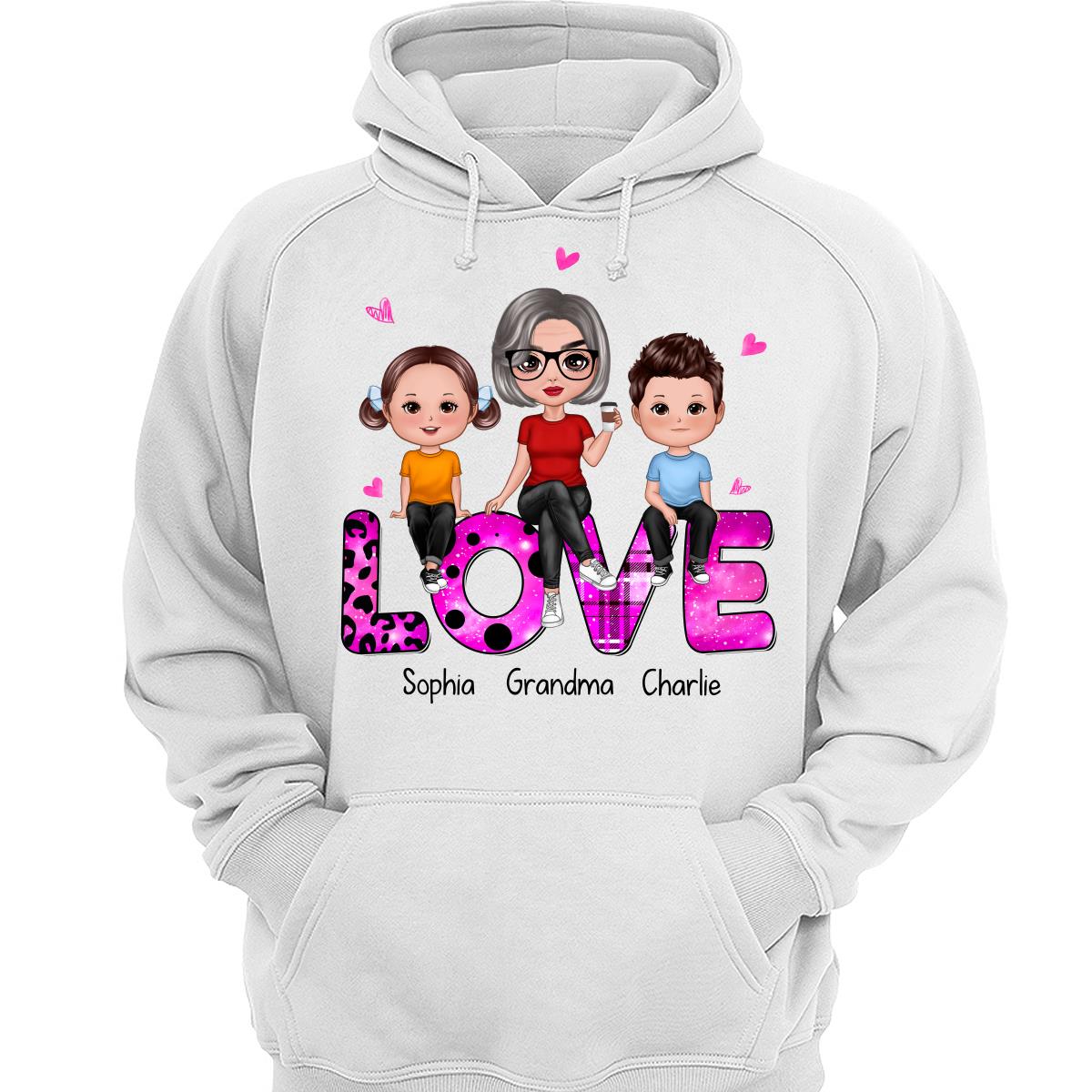 Doll Grandma With Grandkids Sitting On Love Word Personalized Shirt