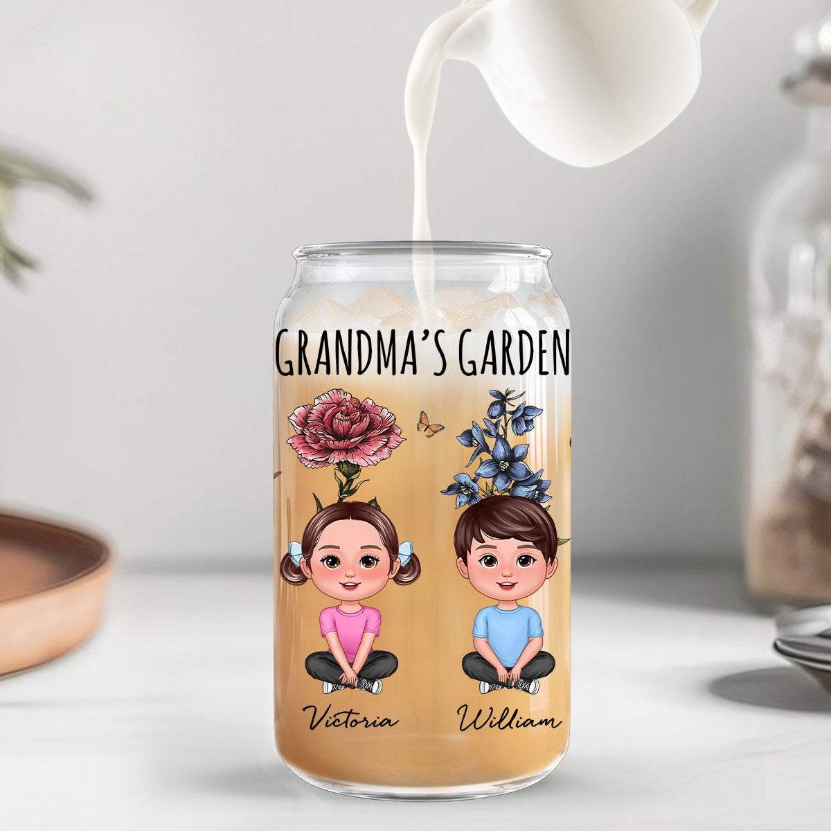 Gift For Grandma Grandma‘s Garden Cute Kids With Beautiful Vintage Birth Flower Behind Personalized Clear Glass Can