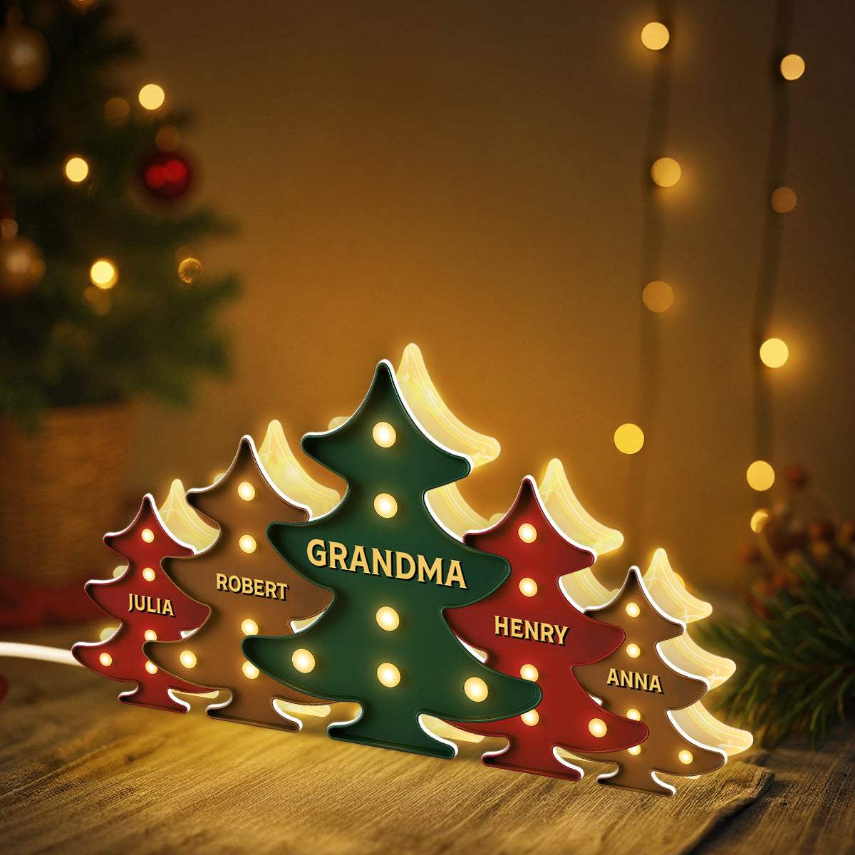 3D Effect Retro Vintage Christmas Tree Grandma Grandkids - Personalized Light Box - Gift For Grandmas