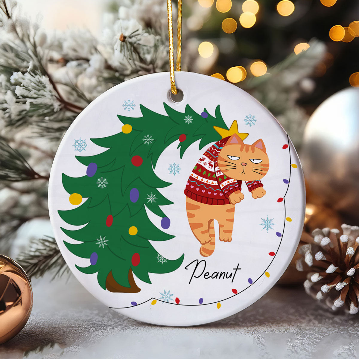 Naughty Cat Hanging On Christmas Tree Personalized Ceramic Ornament, Gift For Cat Lover