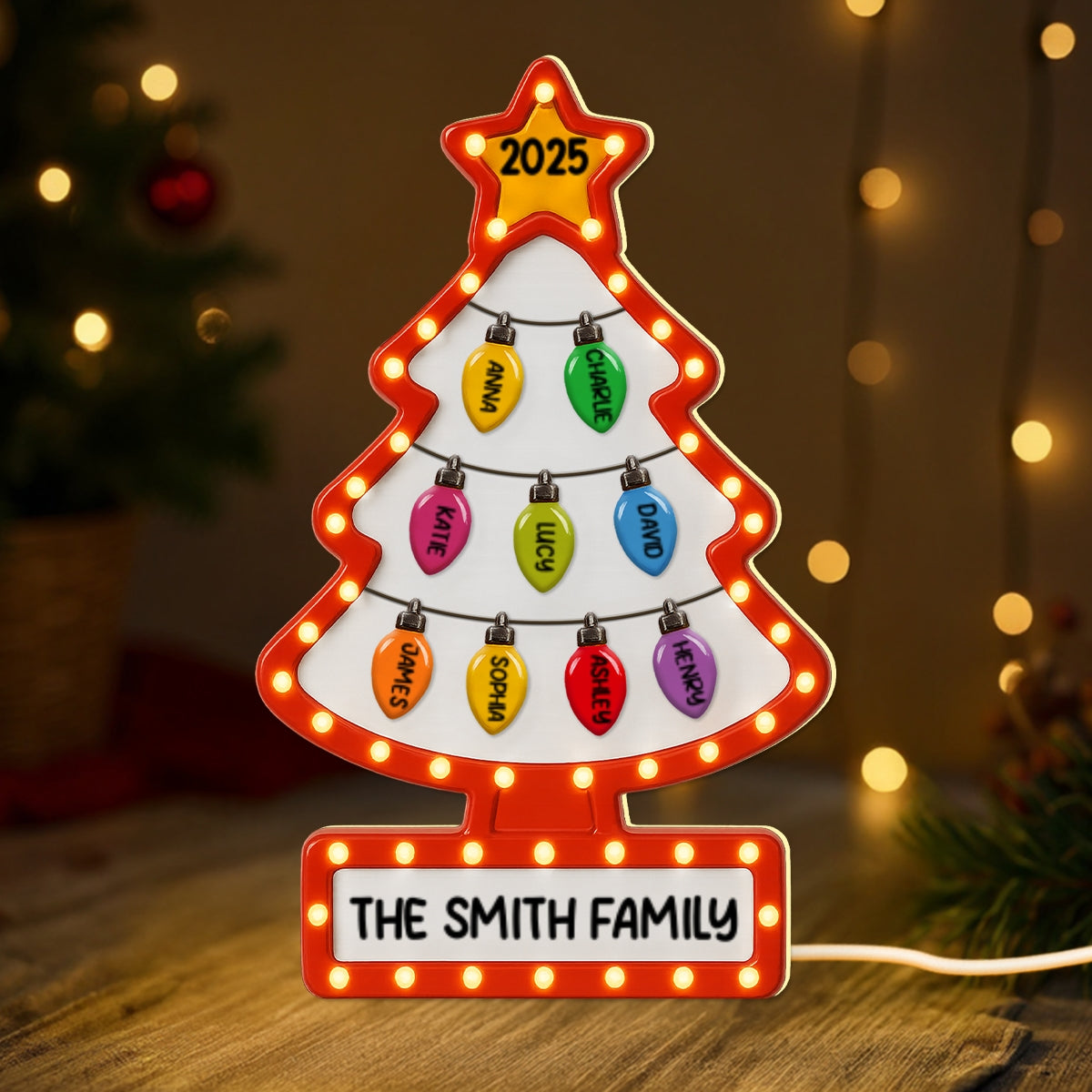 3D Effect Christmas Tree Lights Marquee Texture Family Members Names Personalized LED Light Box