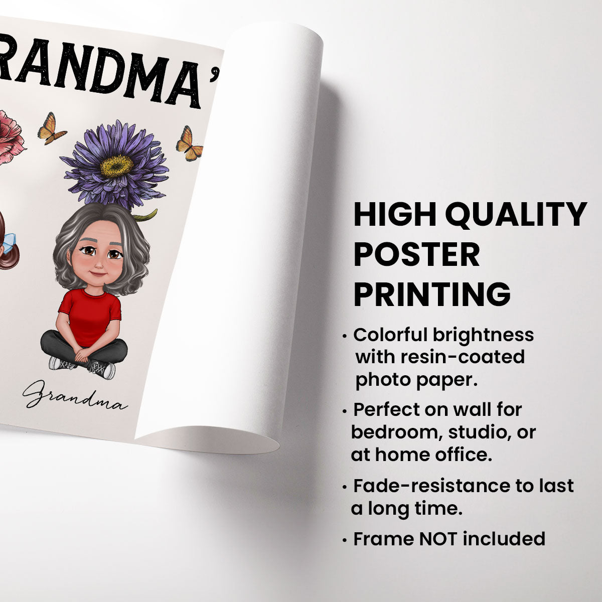 Beautiful Vintage Birth Flower Grandma‘s Garden Pretty Grandma & Grandkids With Flowers Behind Personalized Poster