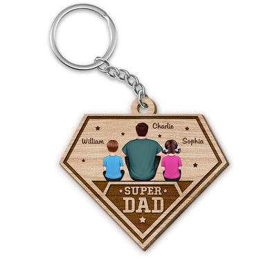 Super Dad Dad And Kids Back View Personalized Wooden Keychain