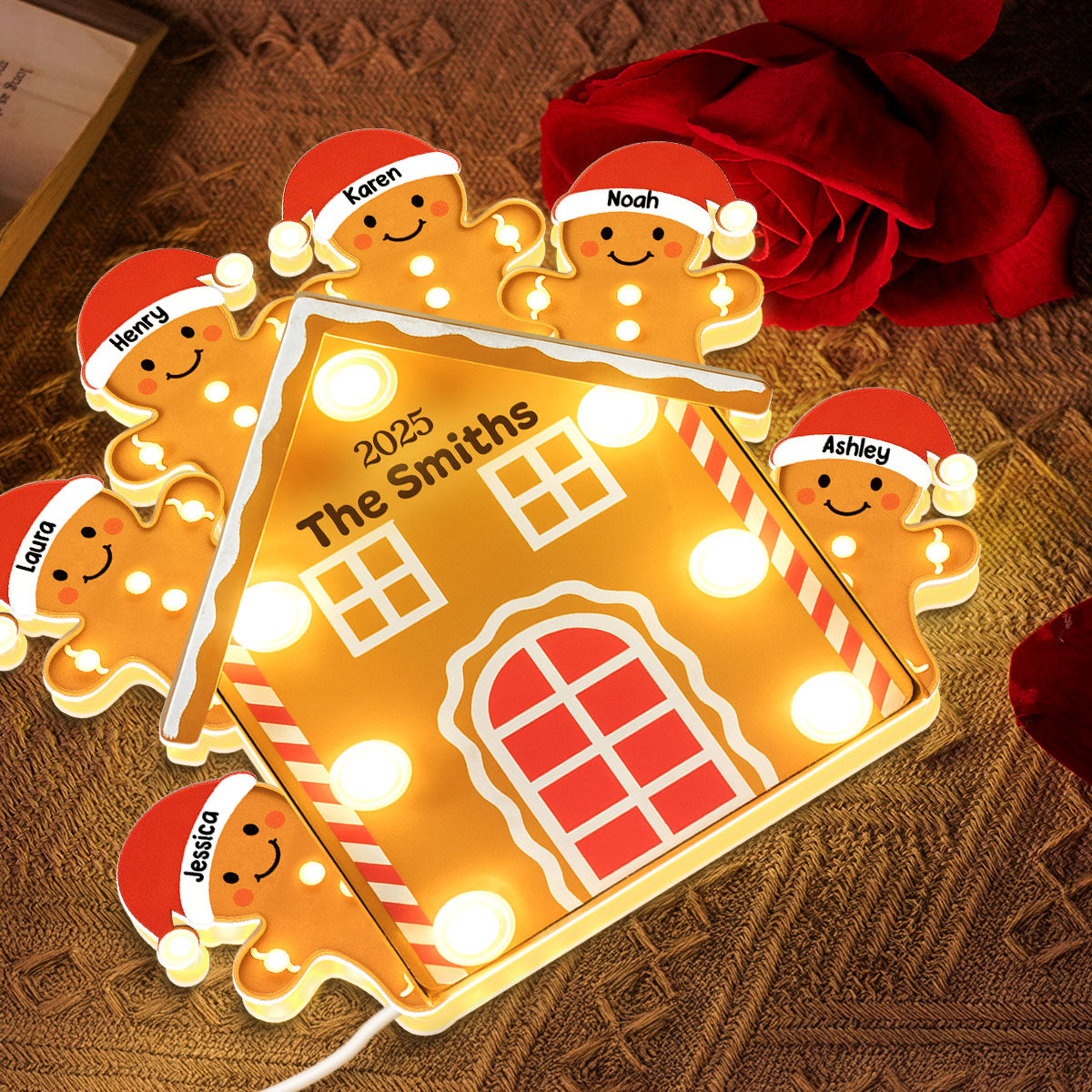 Gingerbread House Family Marquee Effect Personalized LED Light Box, Christmas Decoration
