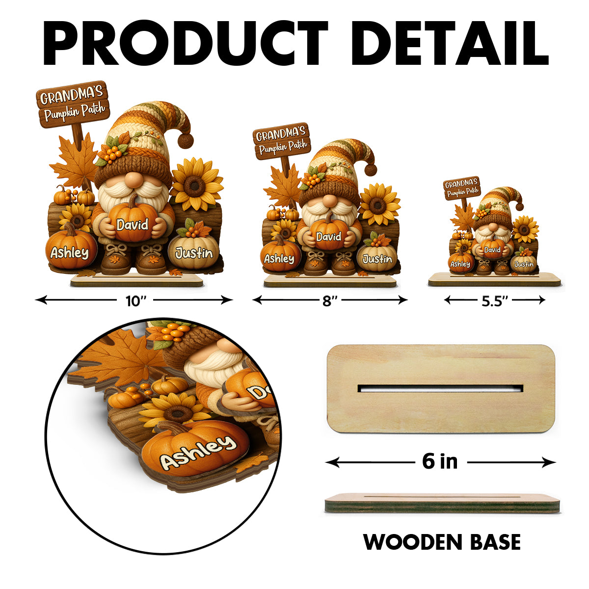 Gnome Grandma's Pumpkin Patch Personalized Standing Wooden Plaque, Fall Decor for Grandma