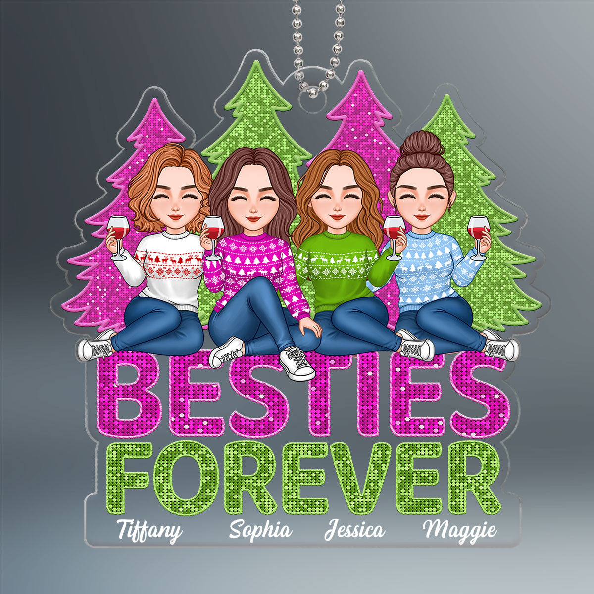 Pink And Green Sequins Texture Christmas Trees Besties Forever Personalized Acrylic Ornament