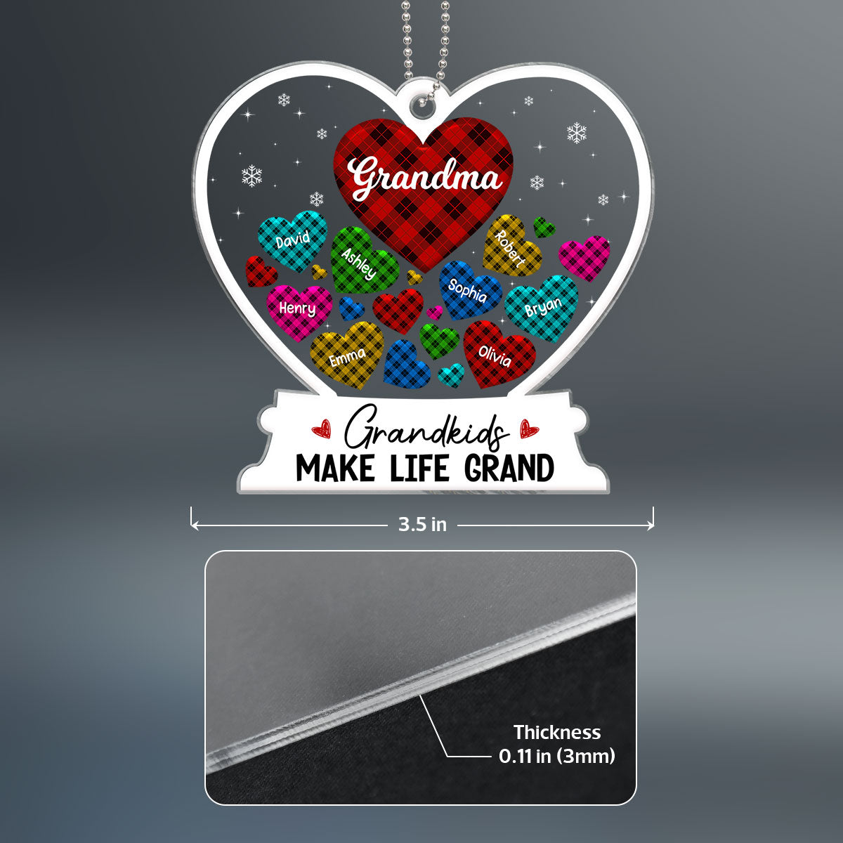 Grandma Hearts In Hearts Kids Names Christmas Buffalo Plaid Patterns Personalized Acrylic Ornament