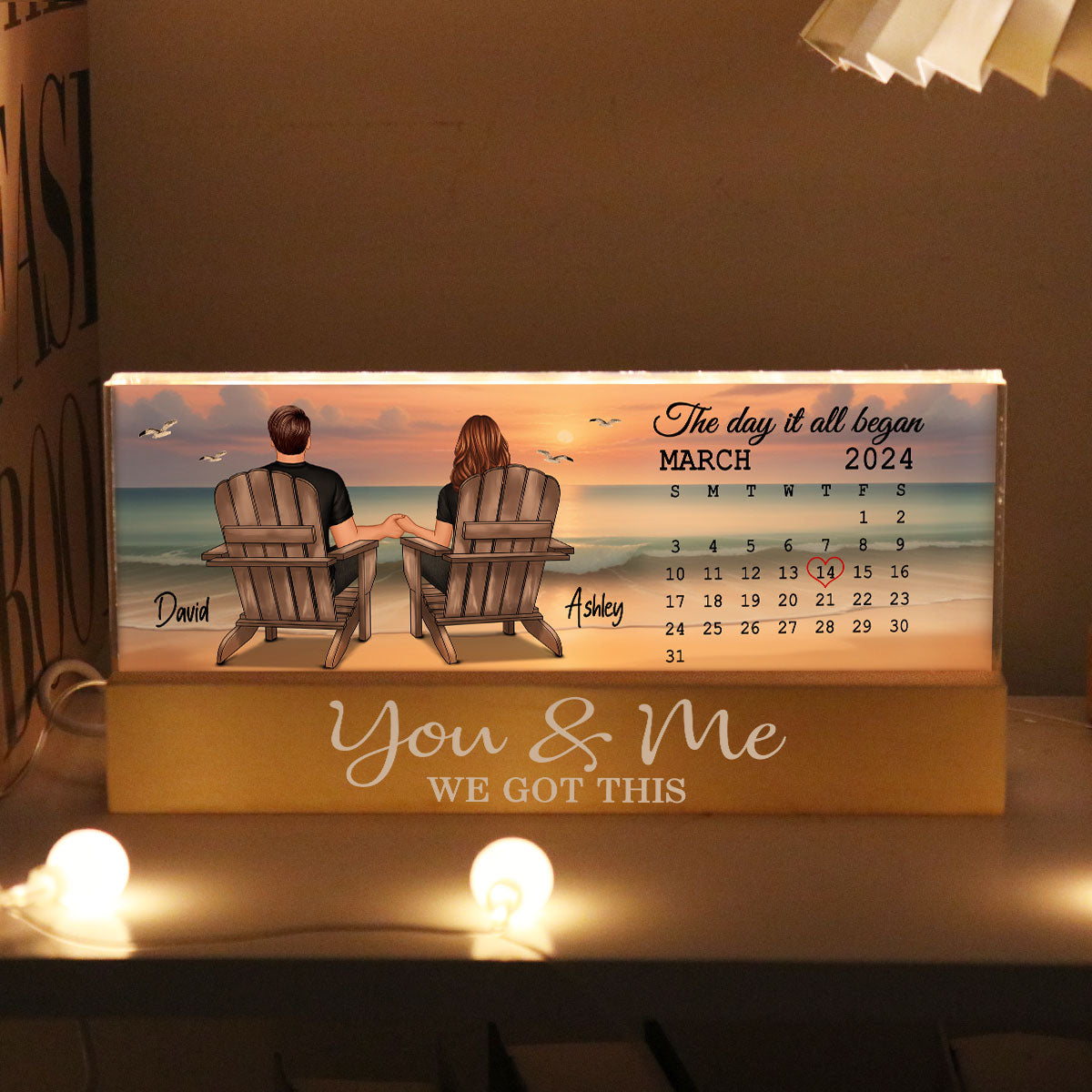 Eternal Sunset Beach Couple Back View Anniversary Calendar Personalized Acrylic Block LED Night Light