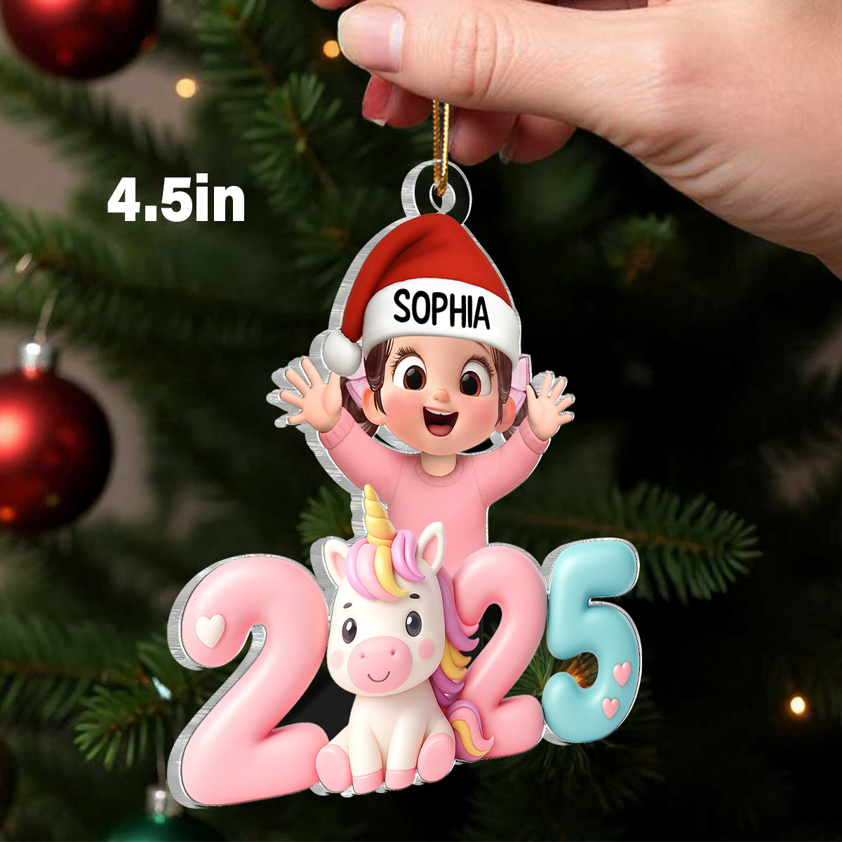 3D Effect Happy Kid With Unicorn Numbers - Personalized Acrylic Ornament - Christmas Gift For Kids, Grandkids, Granddaughter