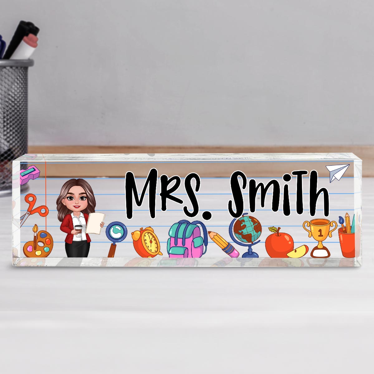 Beautiful Teacher School Things Personalized Acrylic Desk Name Plate, Gift For Teacher, Office Decor