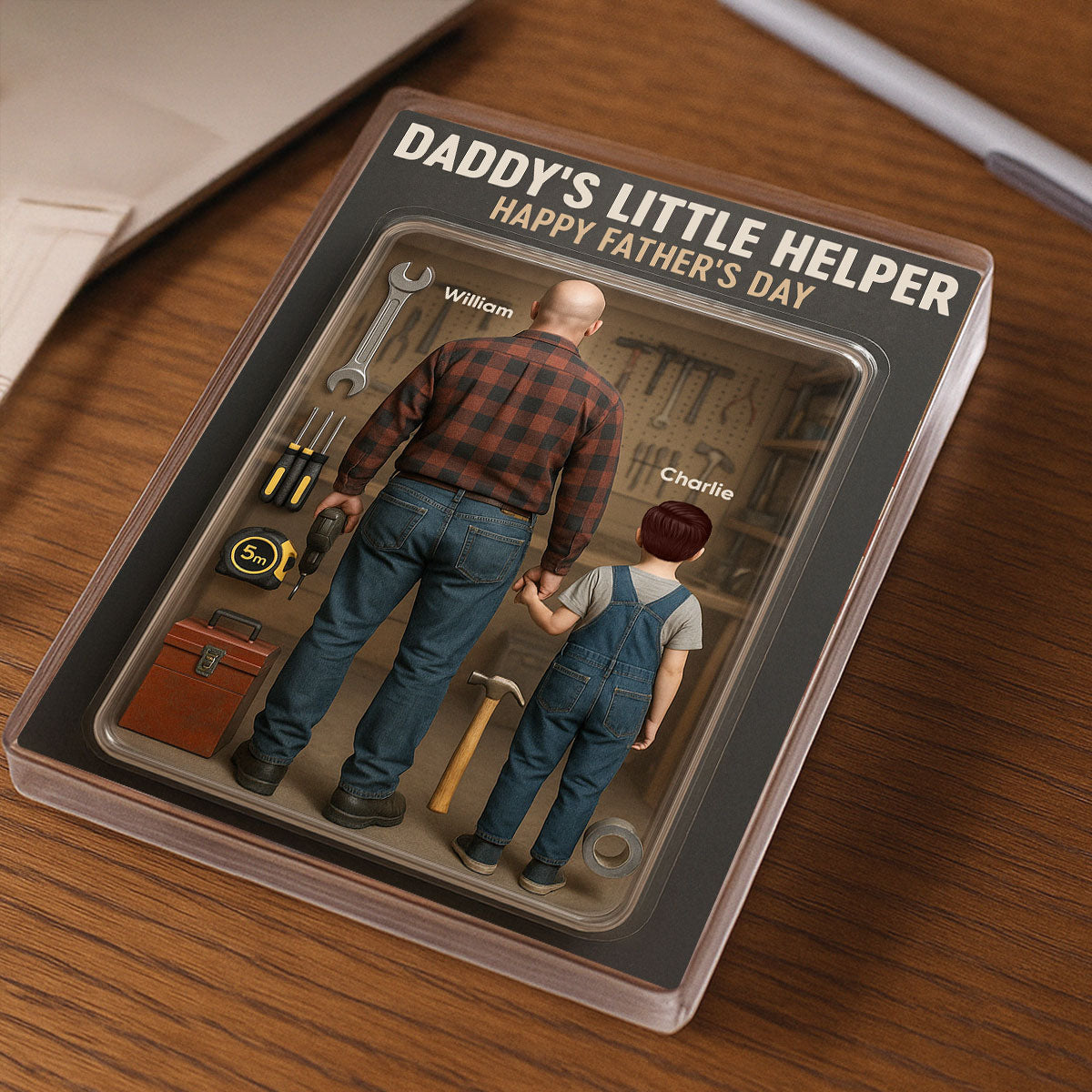 3D Effect Daddy's Little Helper Custom Figure Personalized Flat Rectangle Acrylic Block, Gift For Dad